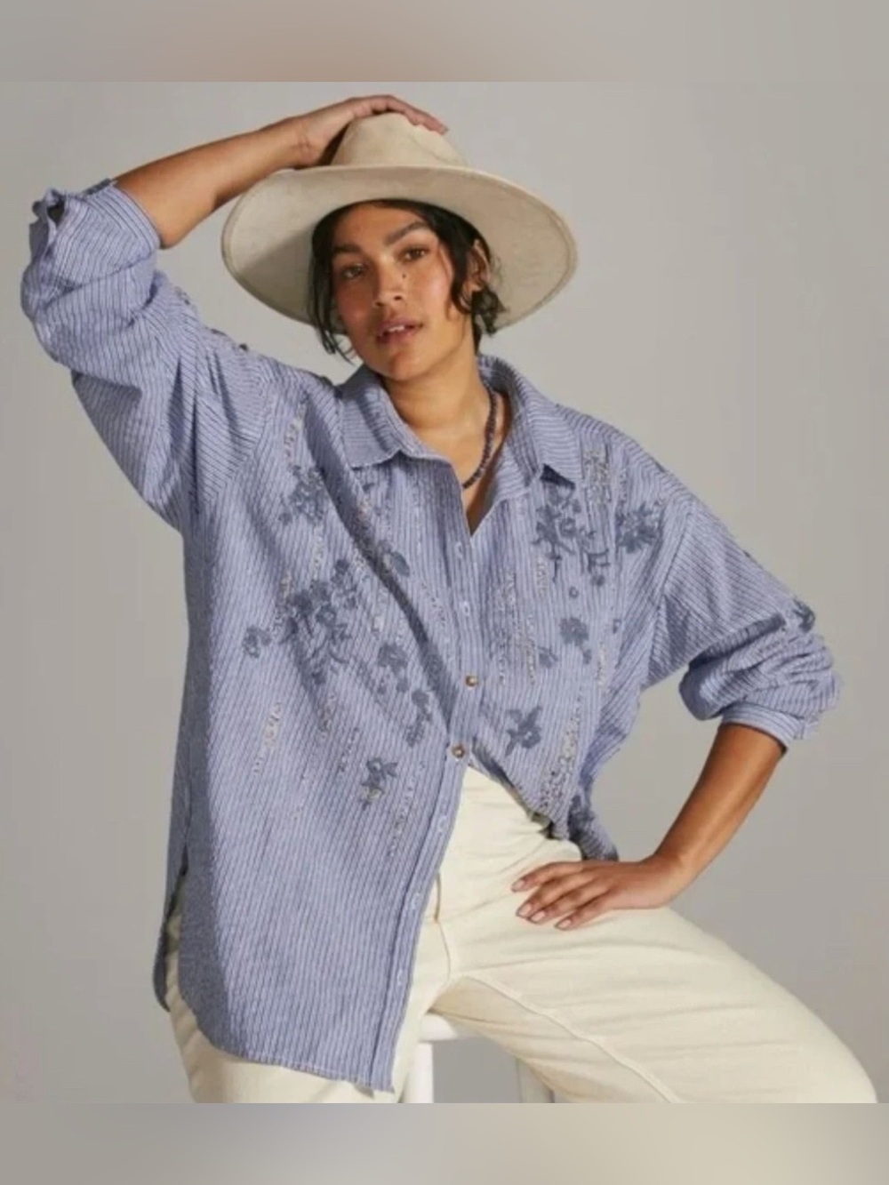 Anthropologie PILCRO Striped Embroidered Beaded Long Sleeve Button Down Shirt L